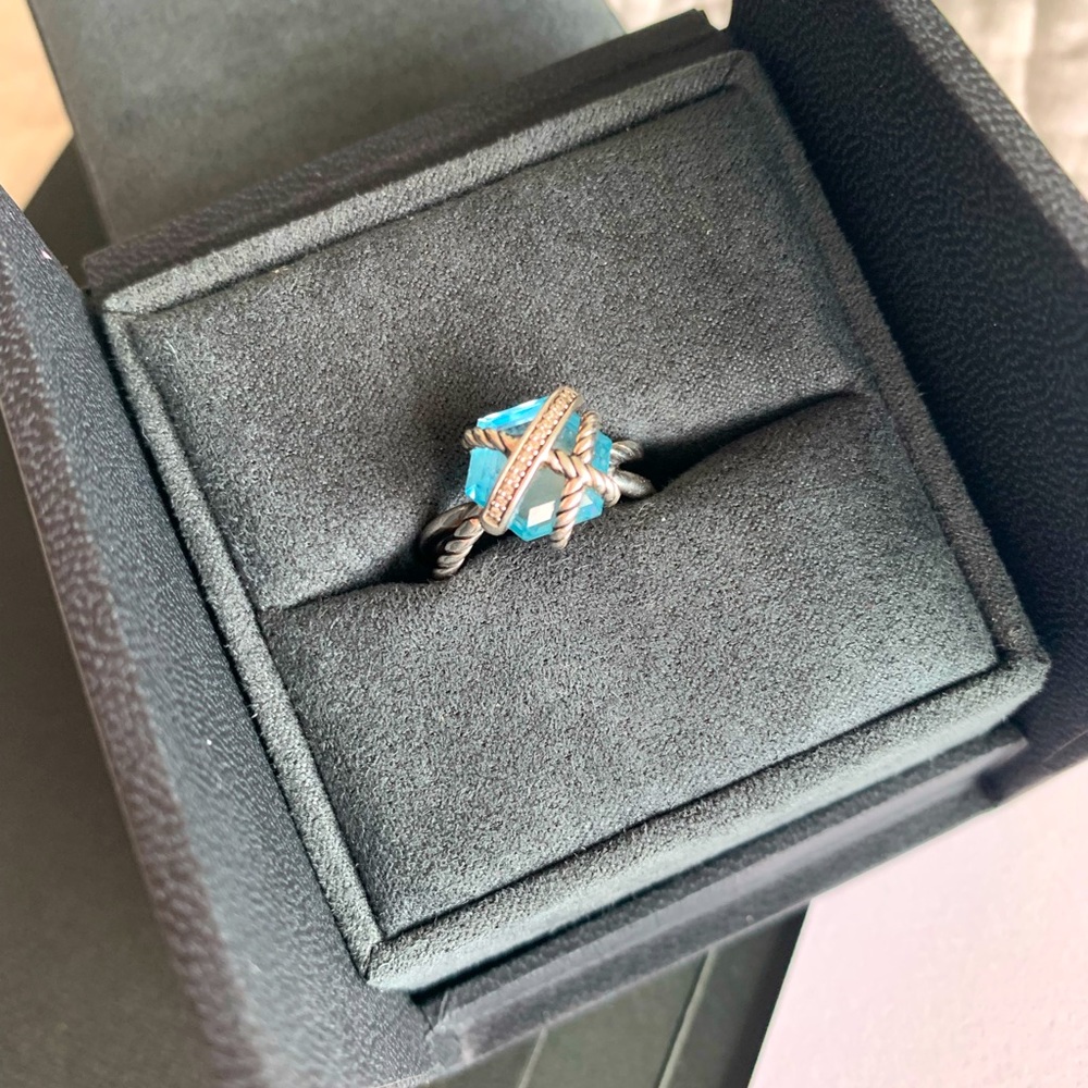 David Yurman Cable Wrap Ring with Blue Topaz and Diamonds. 
Size 6